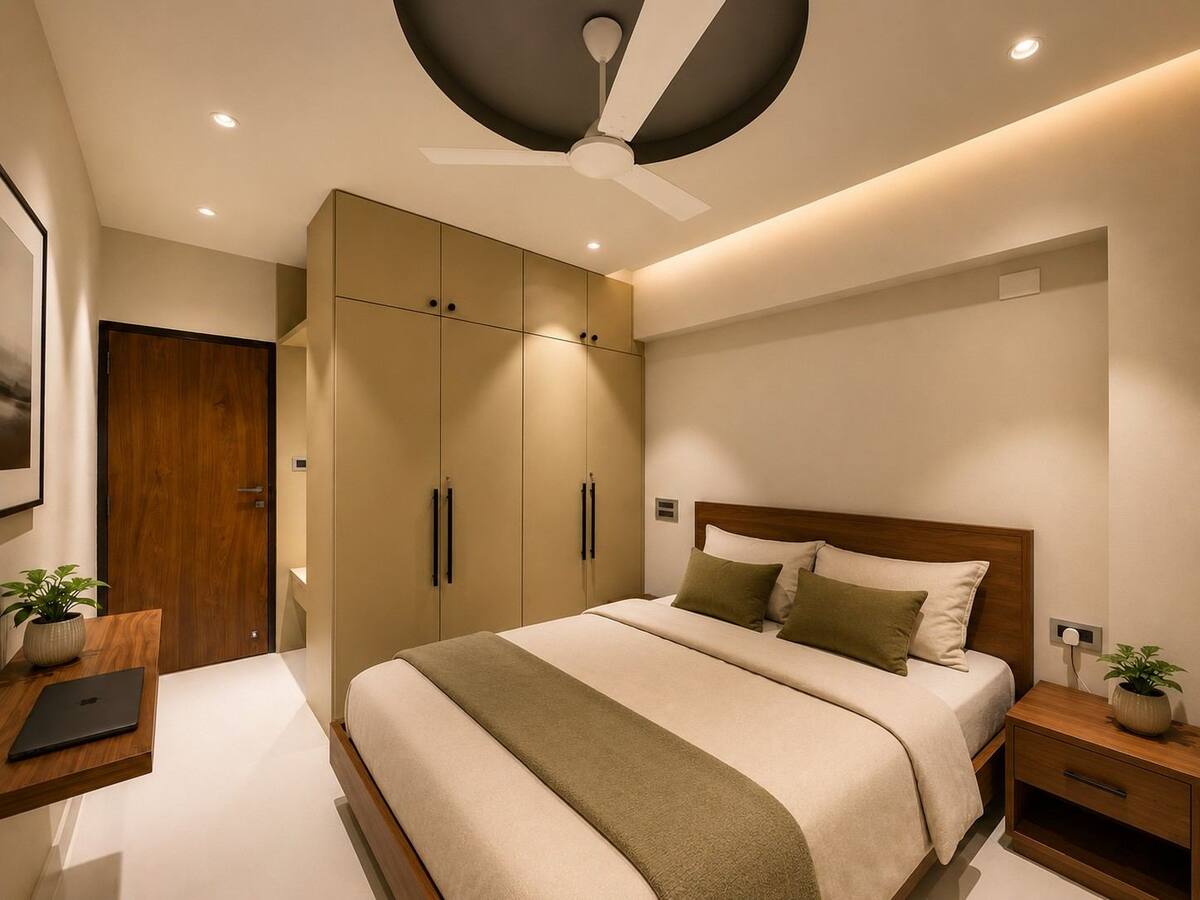 Vandeep Residence bedroom with gold-toned wardrobe