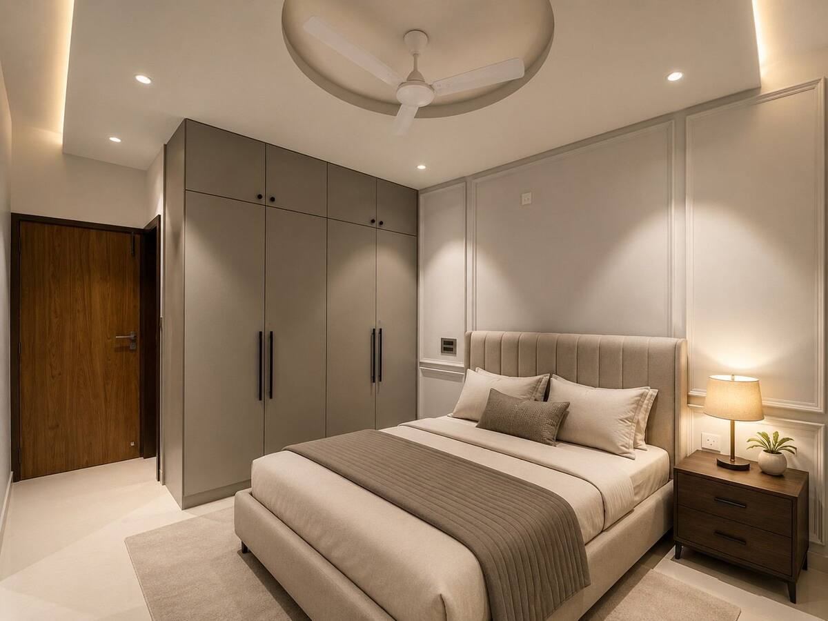 Vandeep Residence bedroom with grey wardrobe and wall paneling