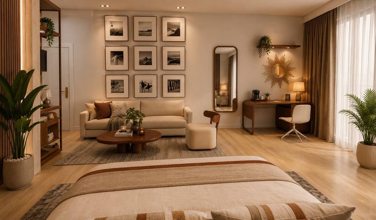 Velvet Roast Hotel room with coffee-themed neon signage