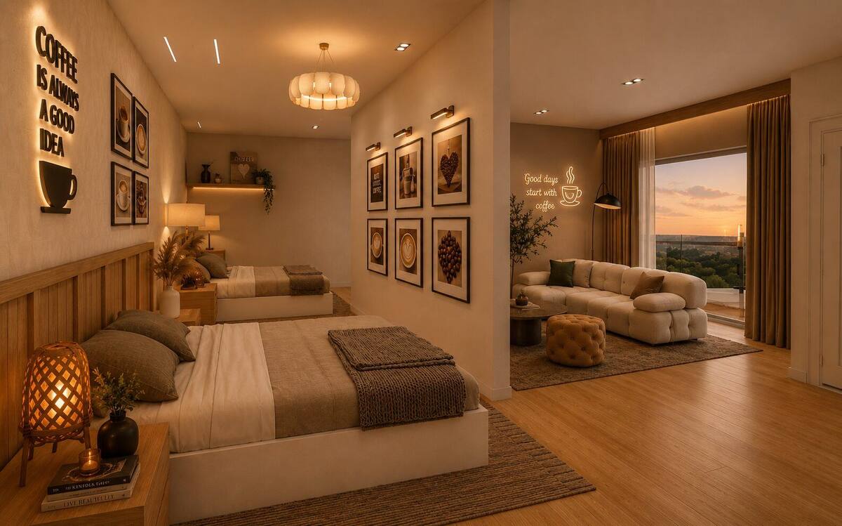 Velvet Roast Hotel twin room at sunset